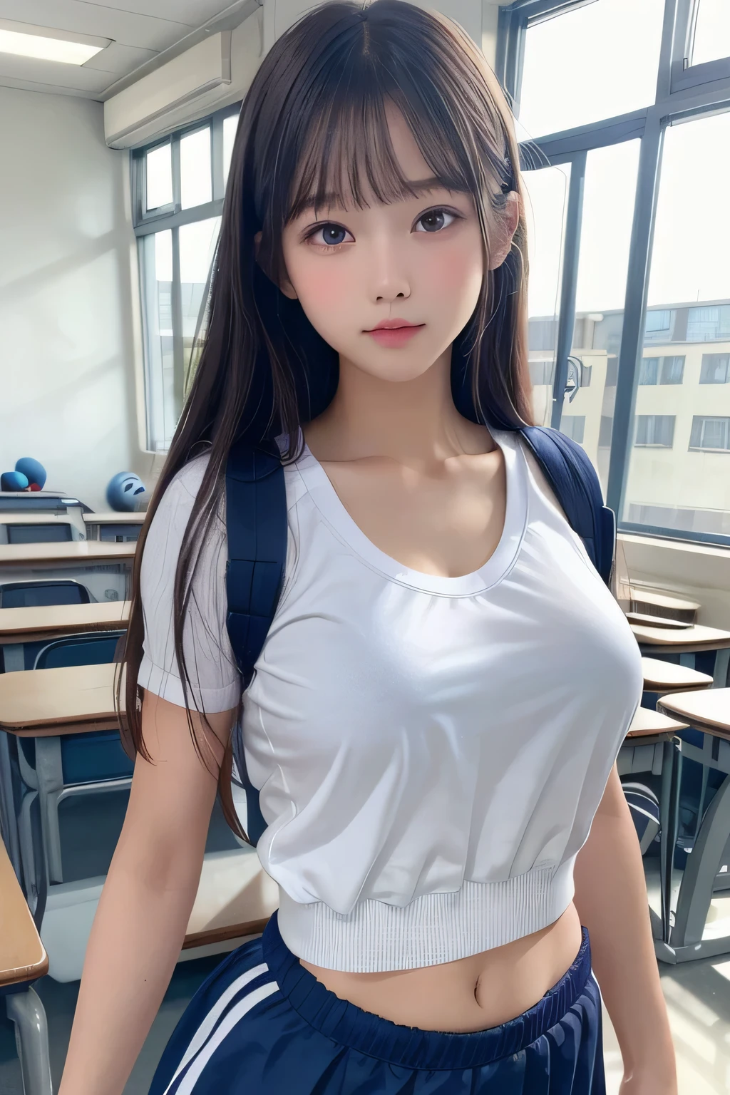 One Girl, 1 person,Highest quality,High resolution,超High resolution,8k,Realistic,Upper Body,encounter_audience,Large Breasts, (Slim Body:1.2),(navy blue school bloomers:1.2),(White gym clothes:1.2), school classroom,