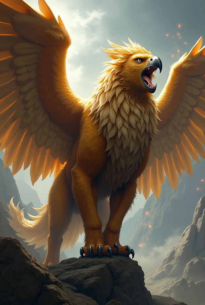a creature with eagle head, wings and lion body. griffin