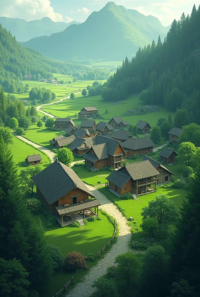 1. **Arjun's Village**: A quaint village surrounded by lush green fields, with traditional houses and a peaceful atmosphere. In the distance, there are hints of shadows and mist to evoke a sense of mystery.