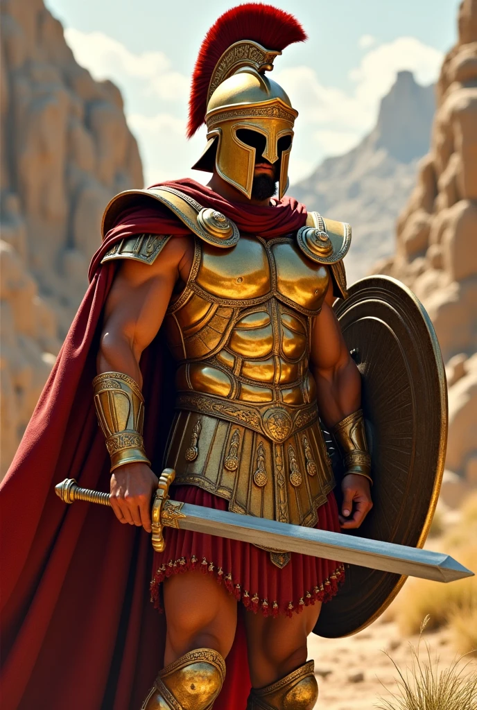 create me a Spartan from Greek mythology with his golden armor

