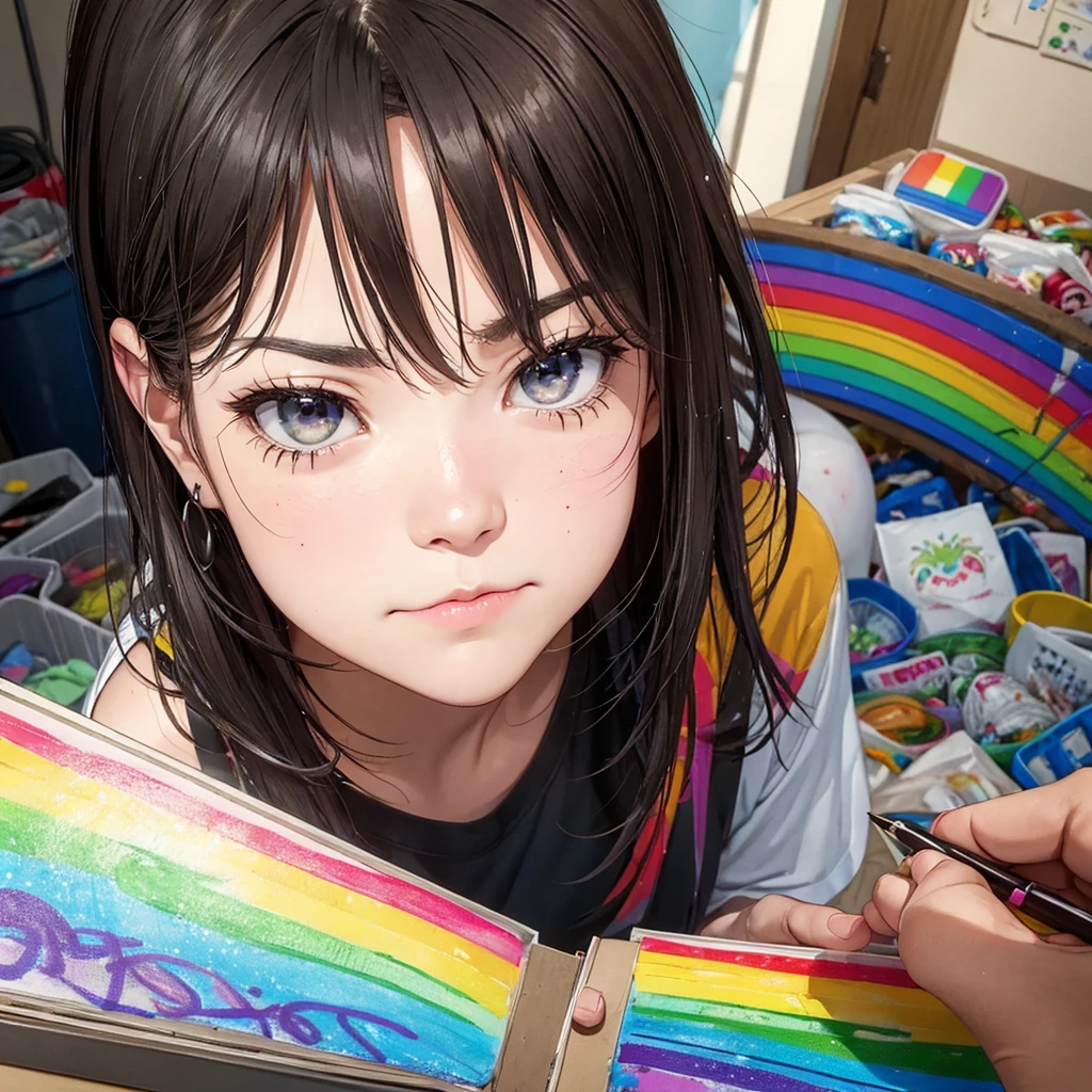 Lisa makes a sad face and throws her rainbow drawing into the trash.