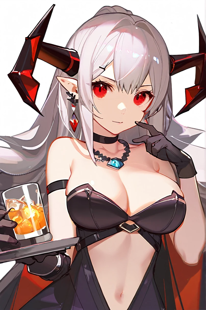 best quality, by ask, 1girl, mudrock \(arknights\), solo, white background, simple background, upper body, looking at viewer, drinking glass, holding cup, holding, horns, pointy ears, closed mouth, red eyes, long hair, white hair, hair ornament, bangs, large breasts, breasts, innerboob, gloves, dress, black dress, black gloves, jewelry, detached sleeves, bare shoulders, short sleeves, necklace, earrings, official alternate costume, single glove, cleavage, cup, choker, black choker, drink, hand up
