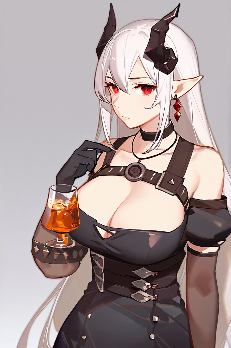 best quality, by ask, 1girl, mudrock \(arknights\), solo, white background, simple background, upper body, looking at viewer, drinking glass, holding cup, holding, horns, pointy ears, closed mouth, red eyes, long hair, white hair, hair ornament, bangs, large breasts, breasts, innerboob, gloves, dress, black dress, black gloves, jewelry, detached sleeves, bare shoulders, short sleeves, necklace, earrings, official alternate costume, single glove, cleavage, cup, choker, black choker, drink, hand up