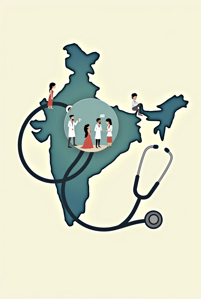 Stethoscope around Indian map outline having small children and doctors denoting women's safety