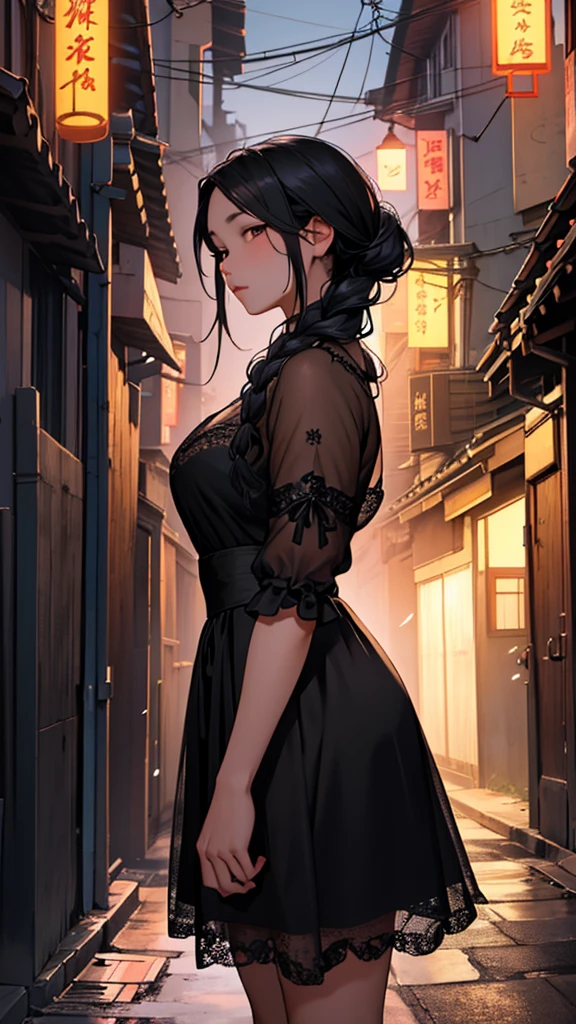 Realistic and detailed image of a beautiful Asian ghost girl with braided black hair, wearing a black lace dress, semi-transparent body, on a street in an alley, village at night.