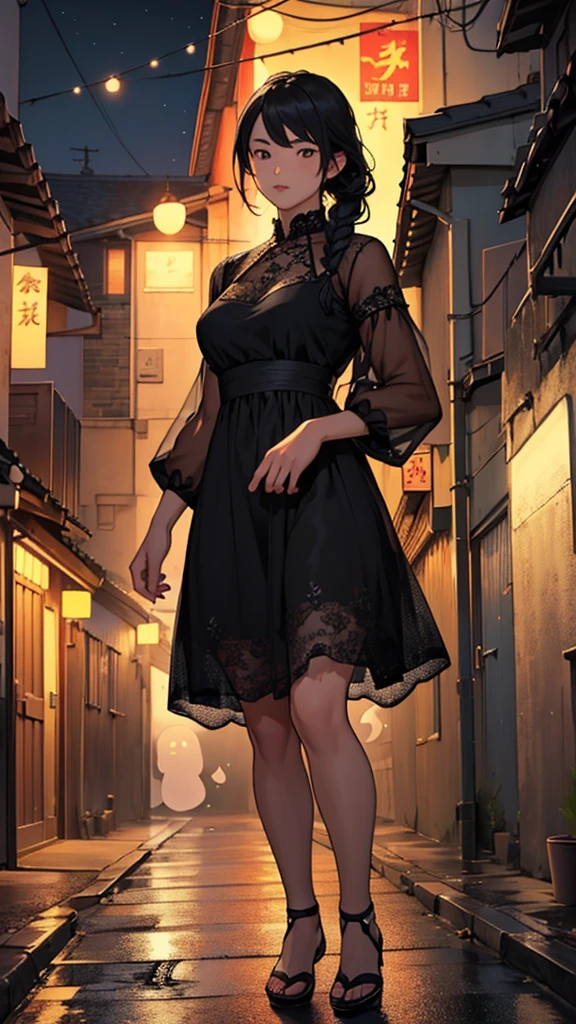 Realistic and detailed image of a beautiful Asian ghost girl with braided black hair, wearing a black lace dress, semi-transparent body, on a street in an alley, village at night.