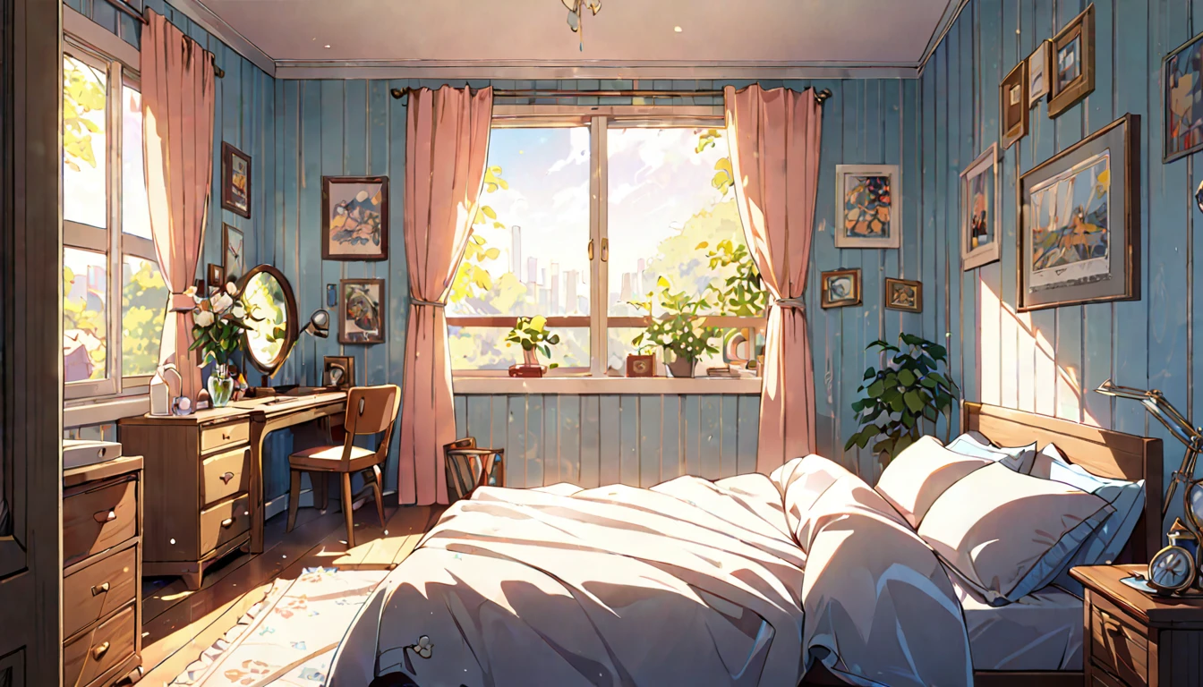 (No one here)、(Bedroom with morning light streaming in)、(Extremely detailed、masterpiece、Highest quality、bright)、(Anime Style)
background：A room bathed in gentle morning light、Bedroom with bed、Quiet morning、Pleasant background music plays
