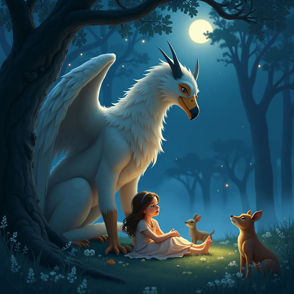 Forest Massif, fog, Night Bright Stars, The moon is not full, The Girl Lies Under the Tree Leaning on the Soft Fur of the Griffin Next to Her Lies Next to Her the Griffin Majestic Huge Covers Her with His Wing, Protects, Forest Animals are watching what is happening, Breathtaking Picture, Peace and Beauty, cartoon, in the style of Pixar, Colorful Colors,