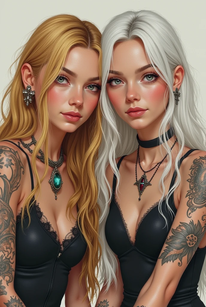 create a drawing of two friends, one with long blonde hair and tattoos and one with white hair without tattoos 
