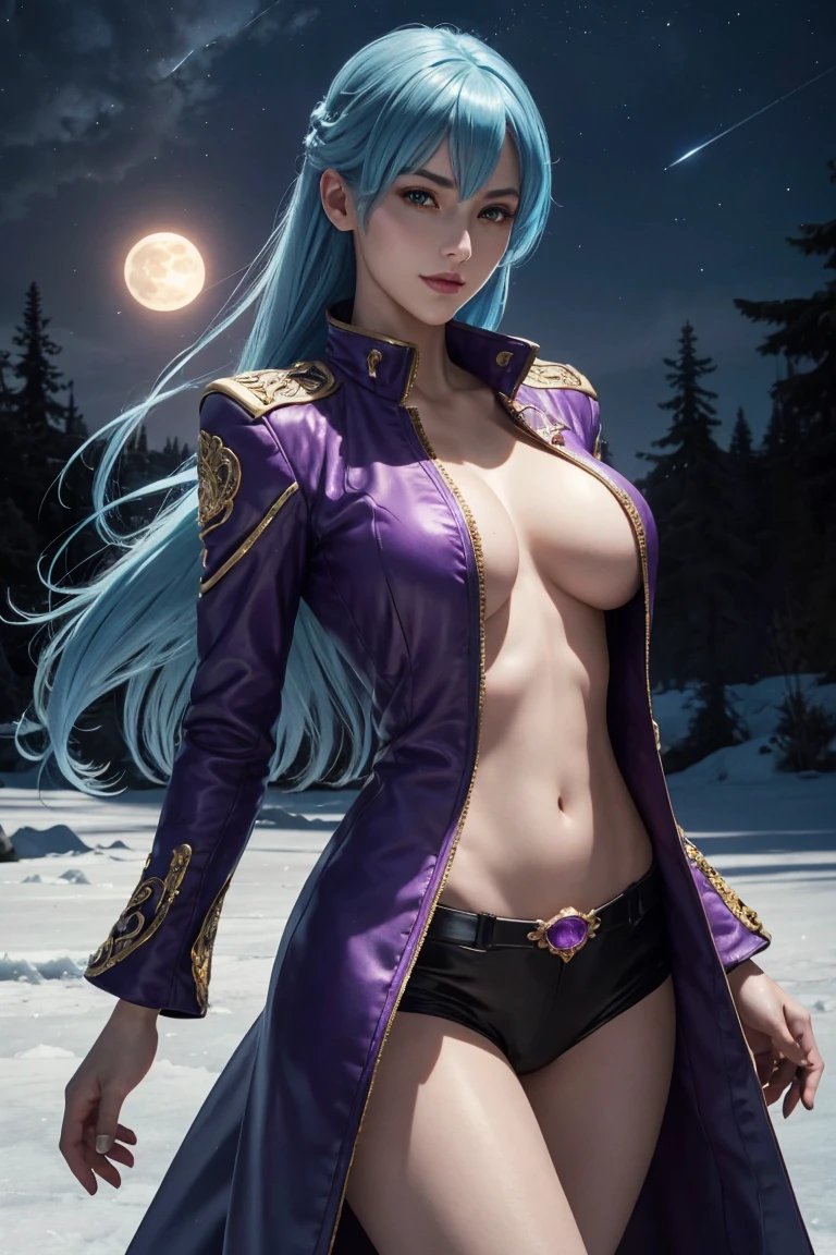 KOF,King of Fighters,Cooler･diamond,woman,Red Eyes,Light Blue Hair,long hair,Purple long jacket,Beautiful white skin,Photorealistic,Ultra HD,high quality,masterpiece,Digital SLR,Detailed details,Intricate details,Anatomical basis,Depicted in detail,A detailed face,Realistic skin texture,Vivid details,Perfect Anatomy,Perfect Anatomy,Anatomically correct hand,Anatomically correct fingers,Super Detail,Complex 3D rendering,Sexy pose,Fantasy worldview,Beautiful pale full moon,,Beautiful night sky,The petals of the ice rose flutter,Picturesque,Pink Lips,smile,