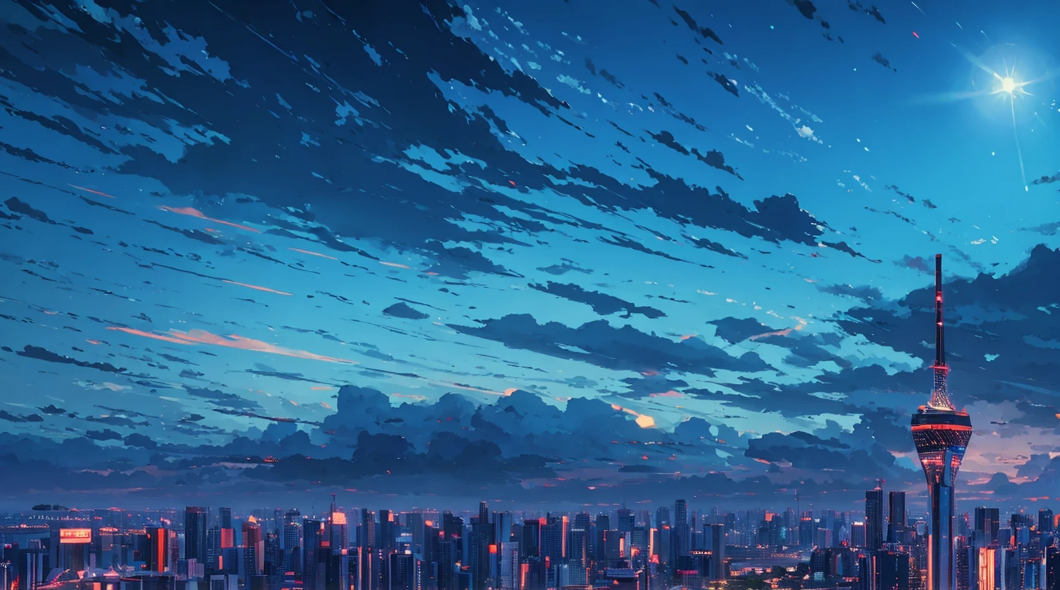 (night:1.5),Night,Makoto Shinkai's style,best quality,Ultra Detail,masterpiece,Fine details,high resolution,8k,in the evening,In the style of Xinhaicheng,There is lighting,wallpaper,architecture,City,City景观,nobody,landscape,City,City view,architecture,outdoor,Sky,Skyscraper,Real-world location,Blue sky,tower,the way,Ground Vehicles,car,(City夜景),