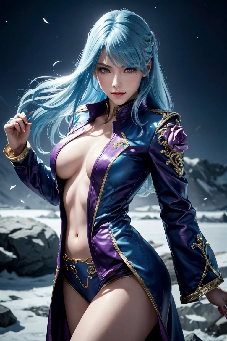 KOF,King of Fighters,Cooler･diamond,woman,Red Eyes,Light Blue Hair,long hair,Purple long jacket,Beautiful white skin,Photorealistic,Ultra HD,high quality,masterpiece,Digital SLR,Detailed details,Intricate details,Anatomical basis,Depicted in detail,A detailed face,Realistic skin texture,Vivid details,Perfect Anatomy,Perfect Anatomy,Anatomically correct hand,Anatomically correct fingers,Super Detail,Complex 3D rendering,Sexy pose,Fantasy worldview,Beautiful pale full moon,,Beautiful night sky,The petals of the ice rose flutter,Picturesque,Pink Lips,smile,