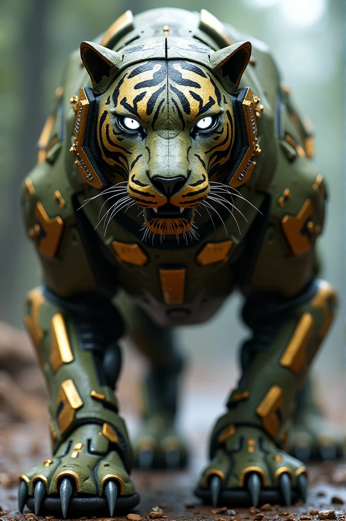 a robot tiger with army camouflage, with gold details, and white eyes 