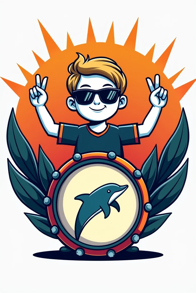 A logo of a person whose skin color is white and who has sunglasses holding the love and peace sign with his hand and who has a bass drum with the theme of dolphins marching band drumline