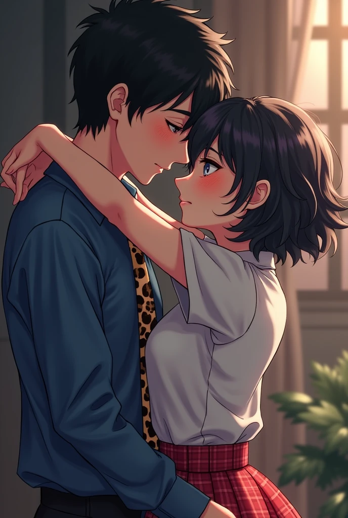 Nanami Kento hugging a girl with short curly black hair and fair skin and dressed in a red plaid skirt and a white shirt. with a nose piercing, eyeliner and blushed cheeks. They both look at each other. Nanami Kento wears his blue shirt and leopard-print tie
