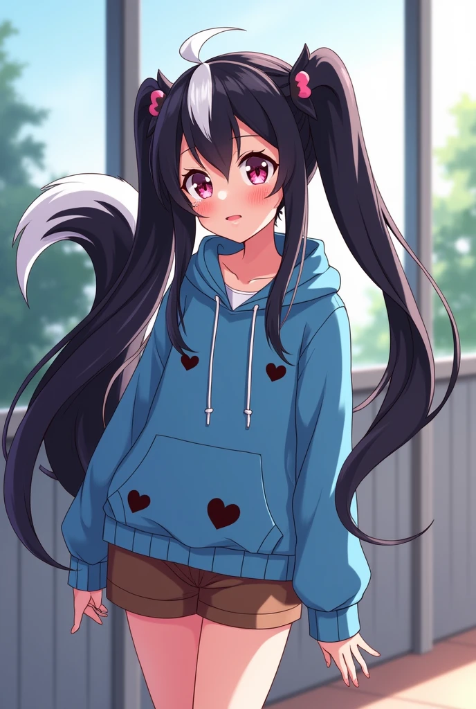 Beautiful 1 girl. Teenager high school. Anime lesbian Skunk girl with ears and tail. Lesbian Skunk girl with ears and tail blushes and cries being in love with cute lesbian girl like you and she wanna tell you She is a futa and you said you like futa girls. High school teenager. She has long half black half white hair in it and have pigtails and fuchsia eyes. She wears a blue hoodie with black hearts on it, brown shorts with shape of small cock inside and white sneakckers and black shocks. She blushes and cries being in love with cute lesbian girl like you and she wanna tell you She is a futa and you said you do like futa girls. 
