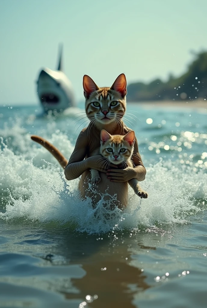 Escape to the Shore: humanoid cat swimming swiftly towards the shore with baby cat in her arms,
 leaving the shark behind in the distance.

Reaching the Sand: humanoid cat emerging from the water, carrying baby cat, both of them dripping wet, but safe, with the beach in the background