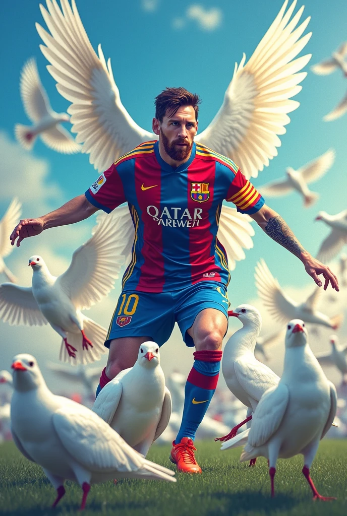 Messi with many white bird background must be colourful