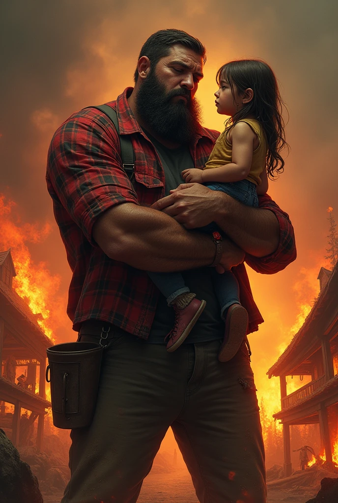 a very tall and muscular lumberjack with a, big beard and a red plaid shirt , blood on lips, he has a sad look, scar on right eye, he holds his daughter in his arms. Village scenery in flames.