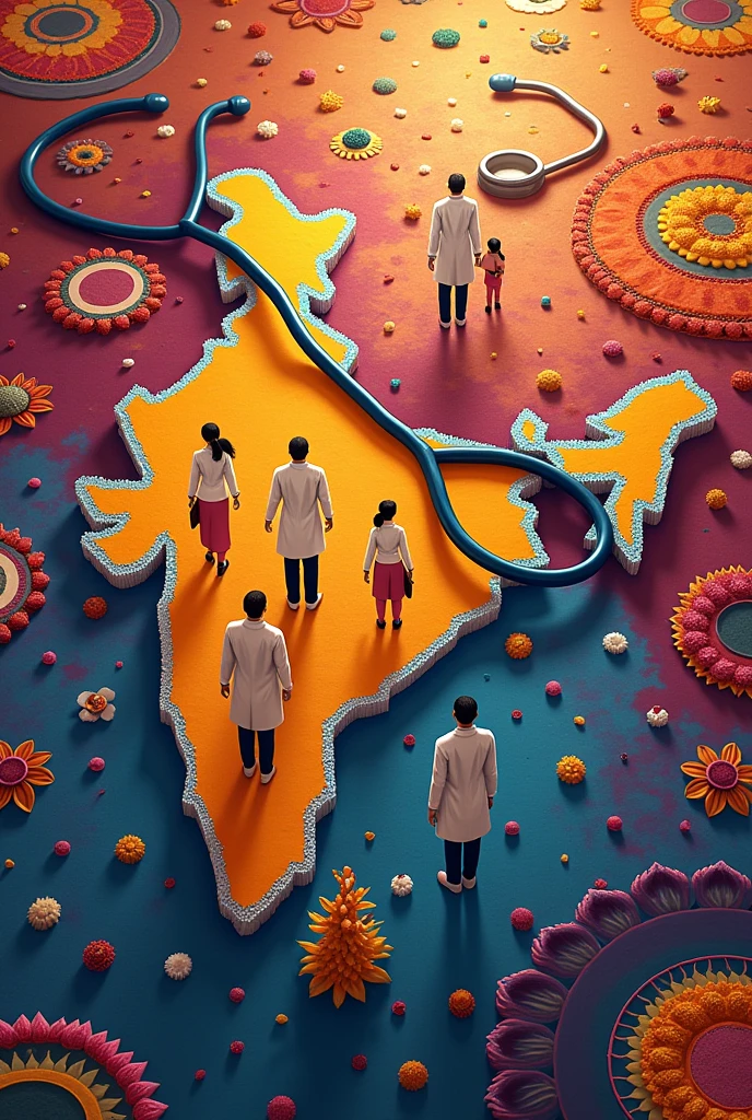Stethoscope around Indian map outline having small children and doctors denoting women's safety rangoli designs 