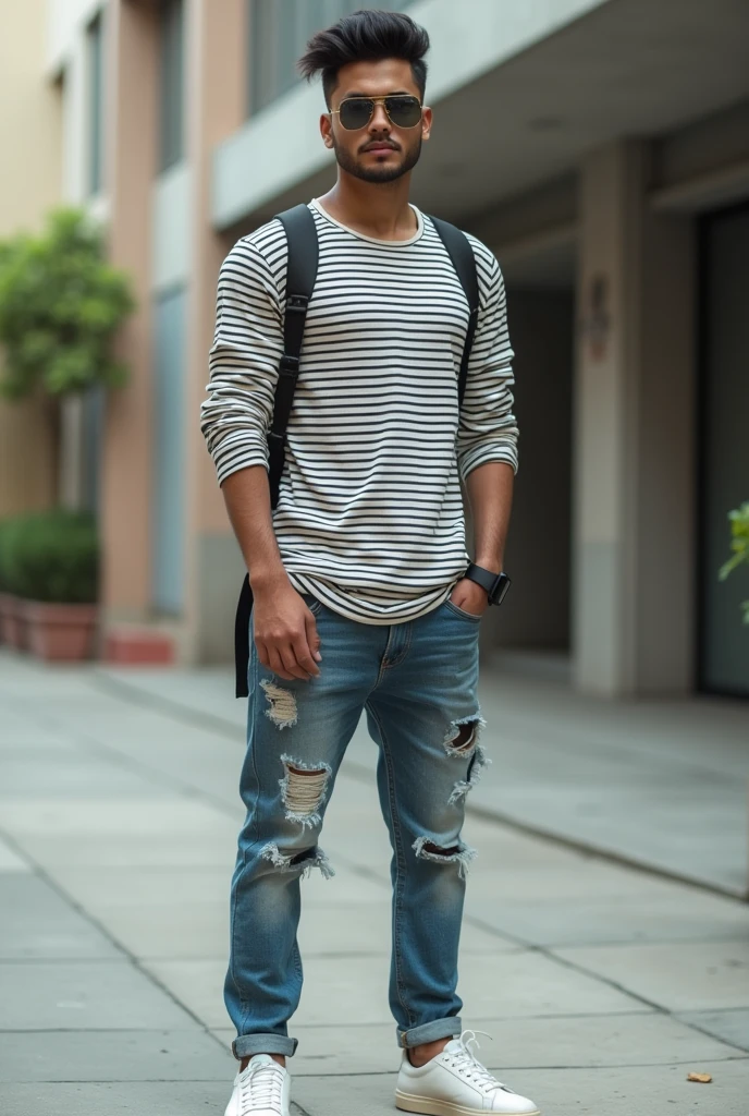 a 21 years of indian boy wearing strip shirt and fade jeans pant and transparent sunglasses and white shoe and smart watch and with fade haircut