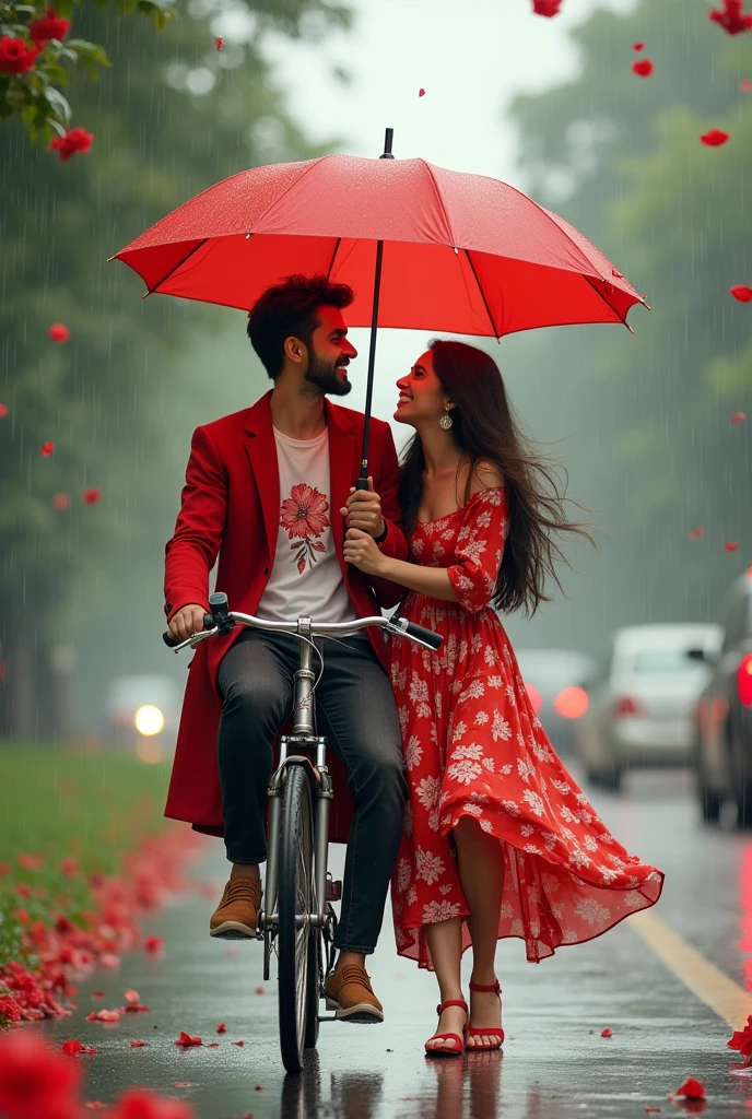 Slowly slowly rain with Ali and waniya enjoy rain with in a traffic and couple are sitting on a bicycle in a road trip and Ali plug in umbrella unique red flowers design and Ali red dress coat and flowers design t shirt and waniya dress color red flowers design frock and Ali shoe's Red flowers design white and waniya shoe's Red flowers design is white and couple smiling faces in prompts generate 