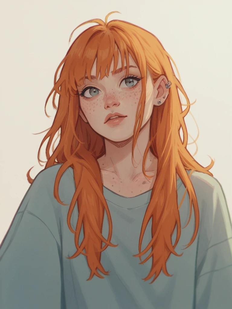 score_9, score_8_up, score_7_up, score_6_up, score_5_up, score_4_up, 1girl, Fr3ckles, freckles, grey eyes, ginger long hair, bangs
, piercings on ears, ju1ch3,