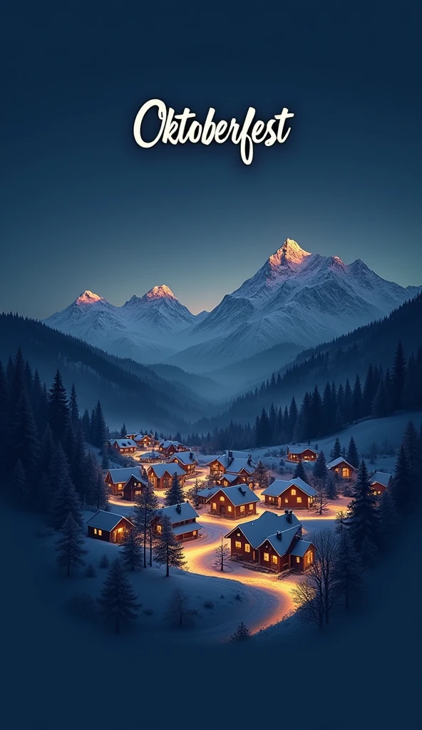 A simple outline of an Alpine village at dusk, with soft white lines against a deep navy blue background. The text "Oktoberfest" appears in a clean, serif font, just above the village.