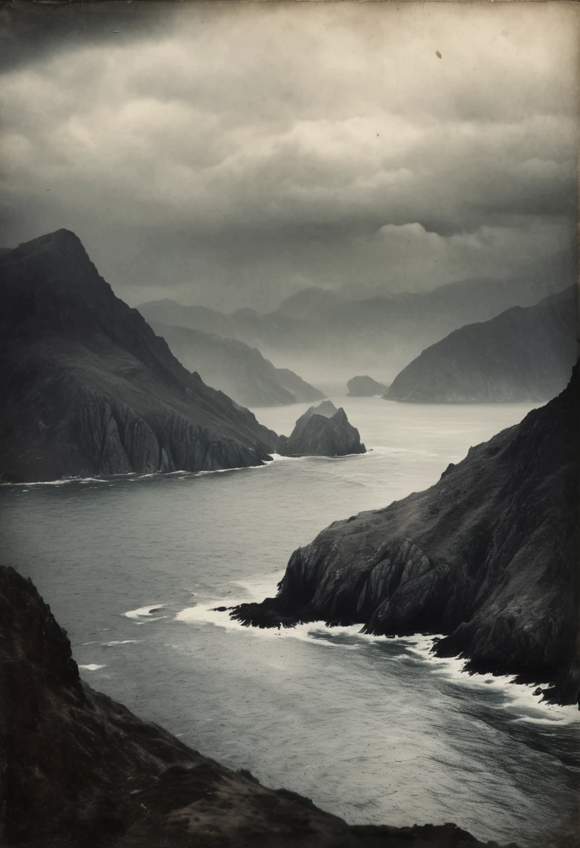 old photograph, mountain and sea ,super realistic dark and gloomy ,atmospheric,old film