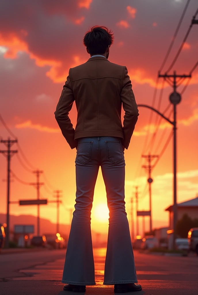 Create an image of a man from behind in 70s style, bell bottom pants, short jacket and hands in pockets, looking towards the sunset.