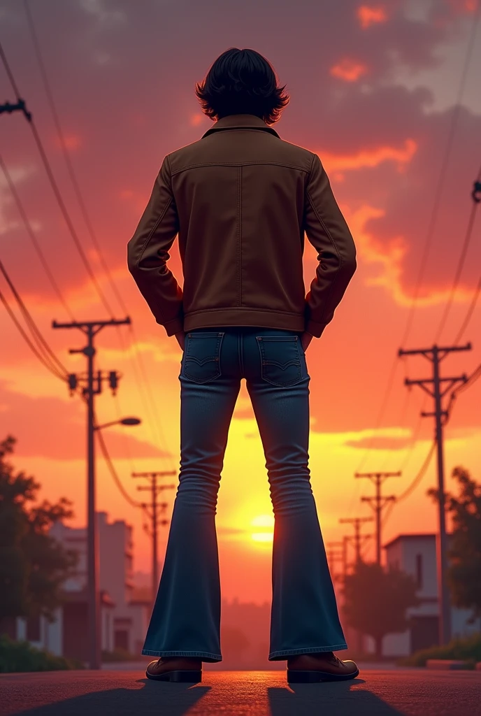 Create an image of a man from behind in 70s style, bell bottom pants, short jacket and hands in pockets, looking towards the sunset.
