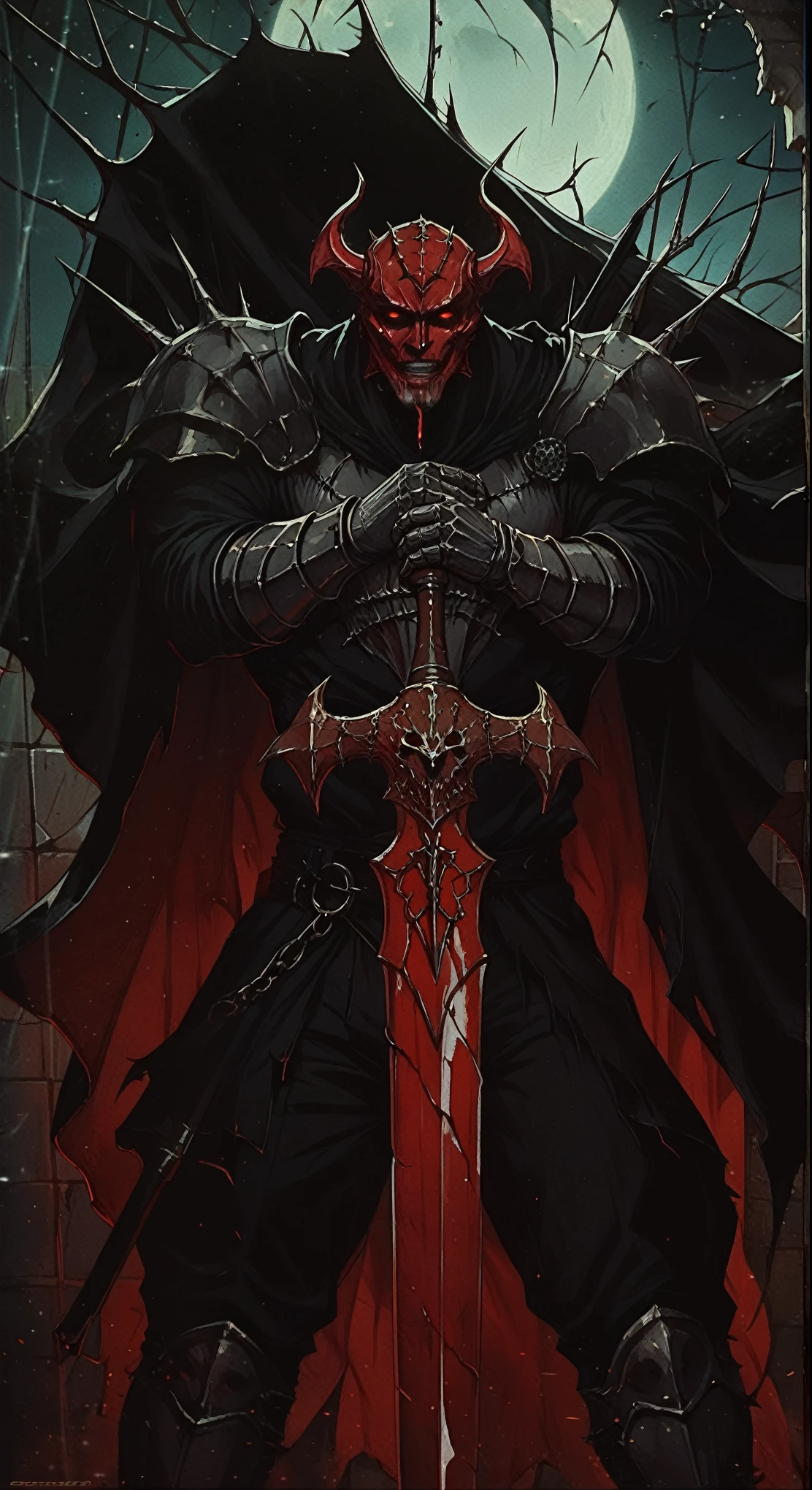 there is a man with a red demon mask and a sword, blood knight, evil knight, berserk skullknight black armor, berserk art style, dark souls art style, anthropomorphic raven knight, scary knight, demon slayer artstyle, dnd fantsay art, beautiful male god of death, the king of death, epic fantasy art style