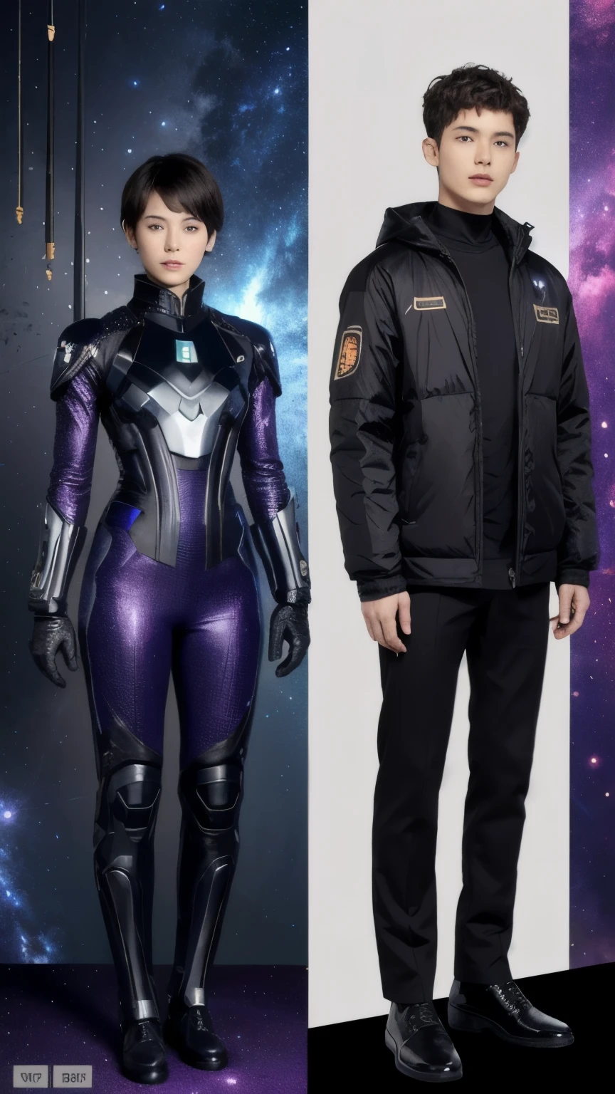 277 (20-year-old woman,short hair), (20-year-old male), Are standing, flower, Futuristic clothing, machinery suit, (The background is a galaxy and nebula)