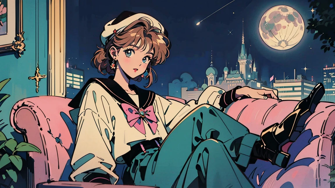 Card Captor Sakura。 beret。Full moon and starry sky, Sitting on the couch , One person, A glittering cityscape in the foreground、Sailor suit