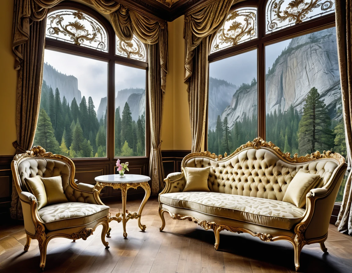 A sofa and a chair in a room with a large window, luxurious baroque rococo setting, Rococo style, ornate retreat, Rococo and Art Nouveau fusion, rococo architecture, ornate furniture, rococo and baroque styles, neo-rococo expressionist style, Rococo and Art Nouveau, Yosemite National Park in the background, exquisitely ornate, rococo baroque, elegant and ornate
