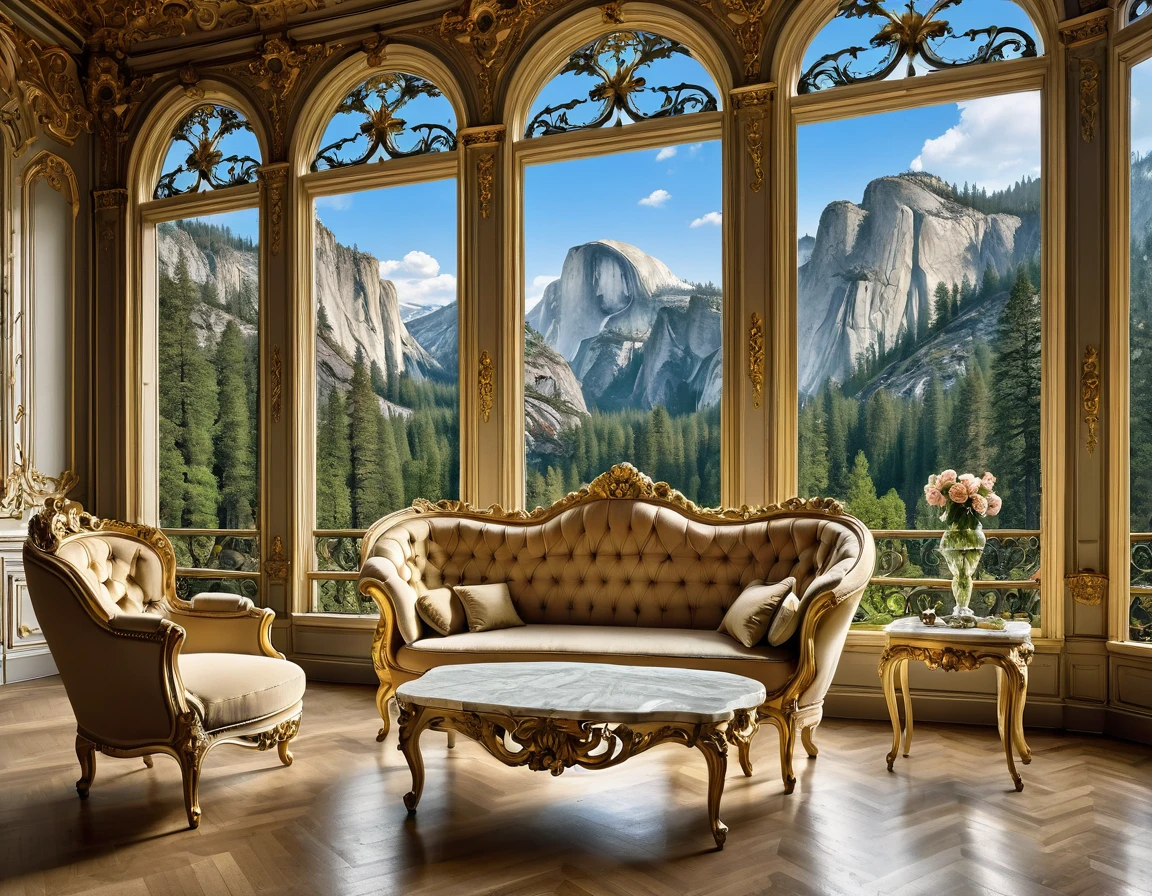 A sofa and a chair in a room with a large window, luxurious baroque rococo setting, Rococo style, ornate retreat, Rococo and Art Nouveau fusion, rococo architecture, ornate furniture, rococo and baroque styles, neo-rococo expressionist style, Rococo and Art Nouveau, Yosemite National Park in the background, exquisitely ornate, rococo baroque, elegant and ornate