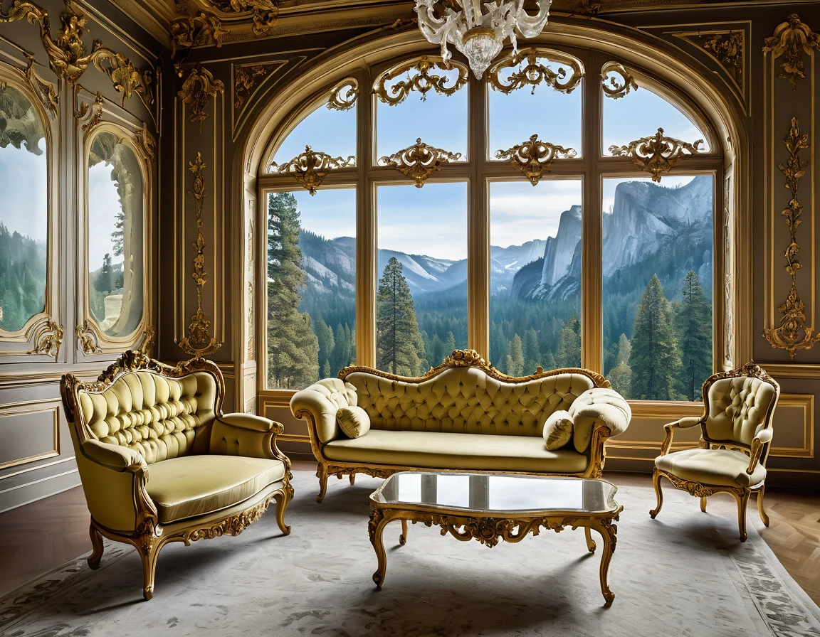 A sofa and a chair in a room with a large window, luxurious baroque rococo setting, Rococo style, ornate retreat, Rococo and Art Nouveau fusion, rococo architecture, ornate furniture, rococo and baroque styles, neo-rococo expressionist style, Rococo and Art Nouveau, Yosemite National Park in the background, exquisitely ornate, rococo baroque, elegant and ornate