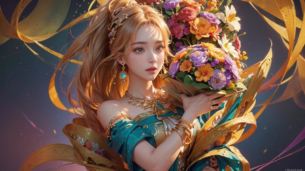 32K, 最高quality, 最高masterpiece, (ultra-Detailed Background, Detailed Background), High resolution, Super detailed, Very detailedな, 1 personの, (bouquet:1.3), (Tangled:1.2), (Geometric:1.2),(colorful),(masterpiece, quality, best quality, Official Art, Beautiful and beautiful:1.2), (1 person:1.3), Very detailed,(colorful:1.1)(Flowers:1.3),Most detailed,(Tangled:1.2), whole body, (Abstract background:1.3), (Skin glows), (Many colors:1.4), ,(Earrings Jewelry:1.5), Pale Orange Background, It's imaginative., Flaxen Hair,