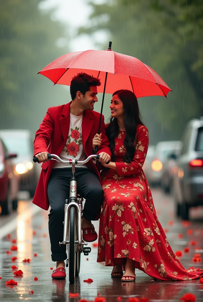 Slowly slowly rain with Ali and waniya enjoy rain with in a traffic and couple are sitting on a bicycle in a road trip and Ali plug in umbrella unique red flowers design and Ali red dress coat and flowers design t shirt and waniya dress color red flowers design frock and Ali shoe's Red flowers design white and waniya shoe's Red flowers design is white and couple smiling faces in prompts generate