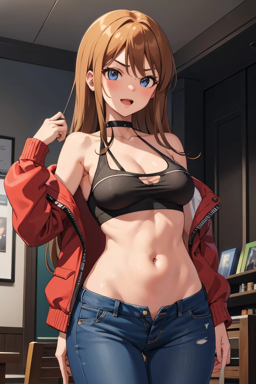 (masterpiece, best quality, ultra detailed), (perfect face, detailed face), (detailed background, complex background:1.2), full-face blush, smile, looking at viewers,
megumi tokoro,  long hair, blush, lipstick, long hair, Hot girl, baddie, staring, glaring, bad attitude, mean girl, crazy, smoking, mall, shopping center,indoors, smile,  open mouth, masterpiece,high quality,4k, bare shoulder,belly,crop top,holding pistol,cleavage,shirt, knot,, smile , evil expression, exposed belly, exposed navel, exposed midriff, exposed lower belly, crop top overhang, underboob,jacket, unbuttoned jeans , low rise black jeans, Low rise jeans, Low rise jeans with open fly,  (nsfw) not safe for work, navel piercing