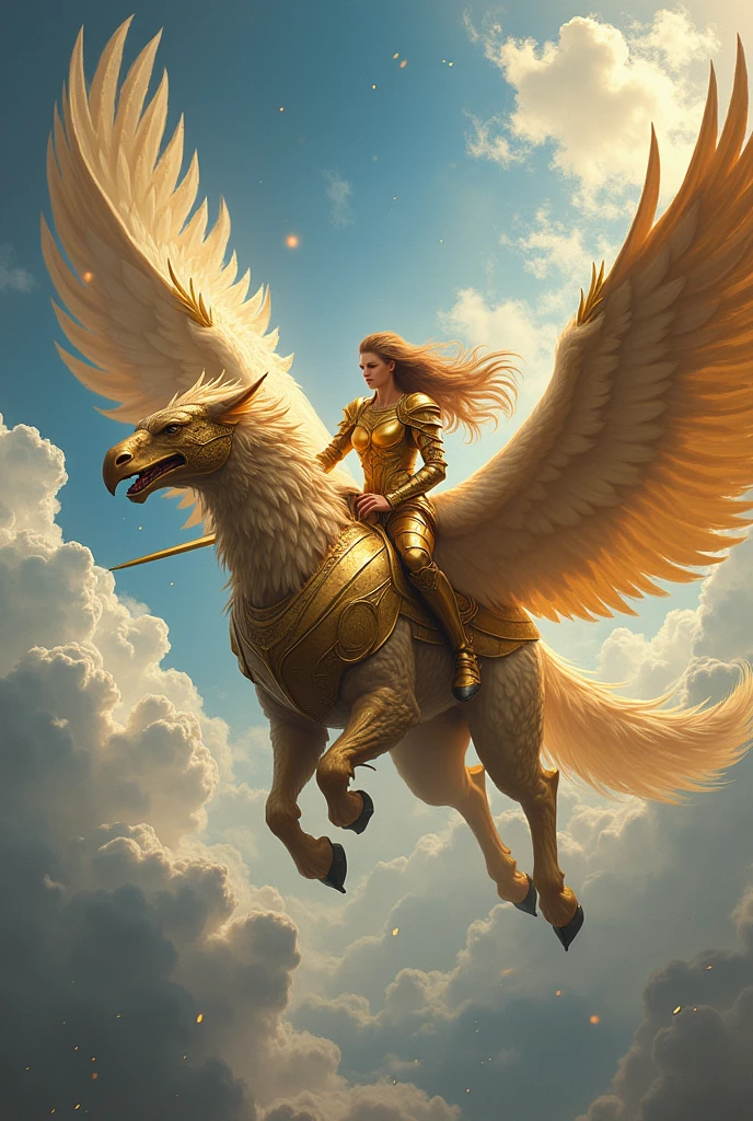 Large Scale Painting, Griffin in Shining Golden Armor, Sexy Girl Riding a Griffin in Armor and Sword in Hand Flying in the Sky in the Clouds, sparkles, wind, the view is breathtaking, the majestic Griffin and the Heroine Girl, sparkles Пыльца, An unforgettable view,The Aspiration to Soar,