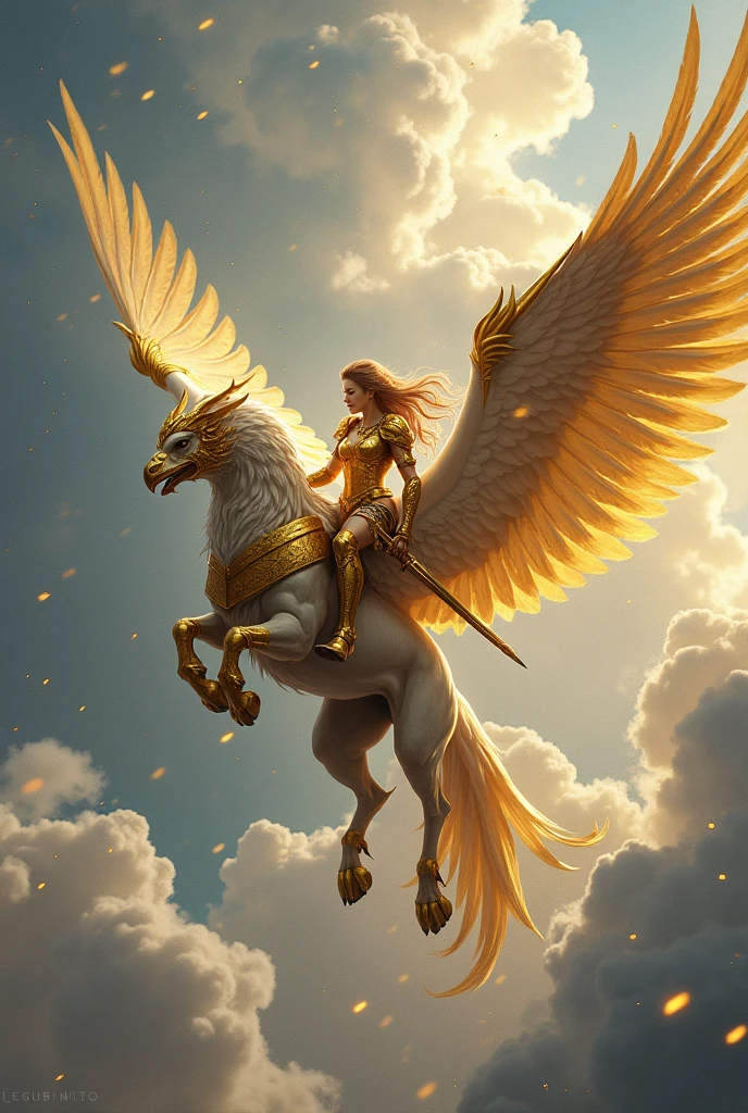 Large Scale Painting, Griffin in Shining Golden Armor, Sexy Girl Riding a Griffin in Armor and Sword in Hand Flying in the Sky in the Clouds, sparkles, wind, the view is breathtaking, the majestic Griffin and the Heroine Girl, sparkles Пыльца, An unforgettable view,The Aspiration to Soar,