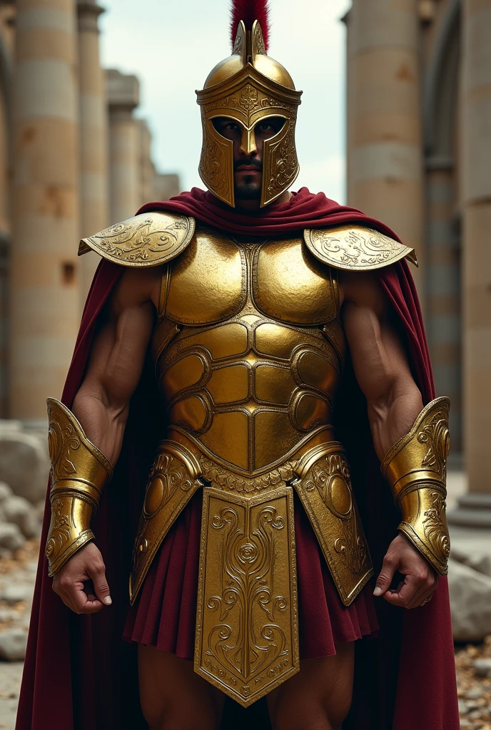 create me a black Spartan from Greek mythology with his sinister golden armor