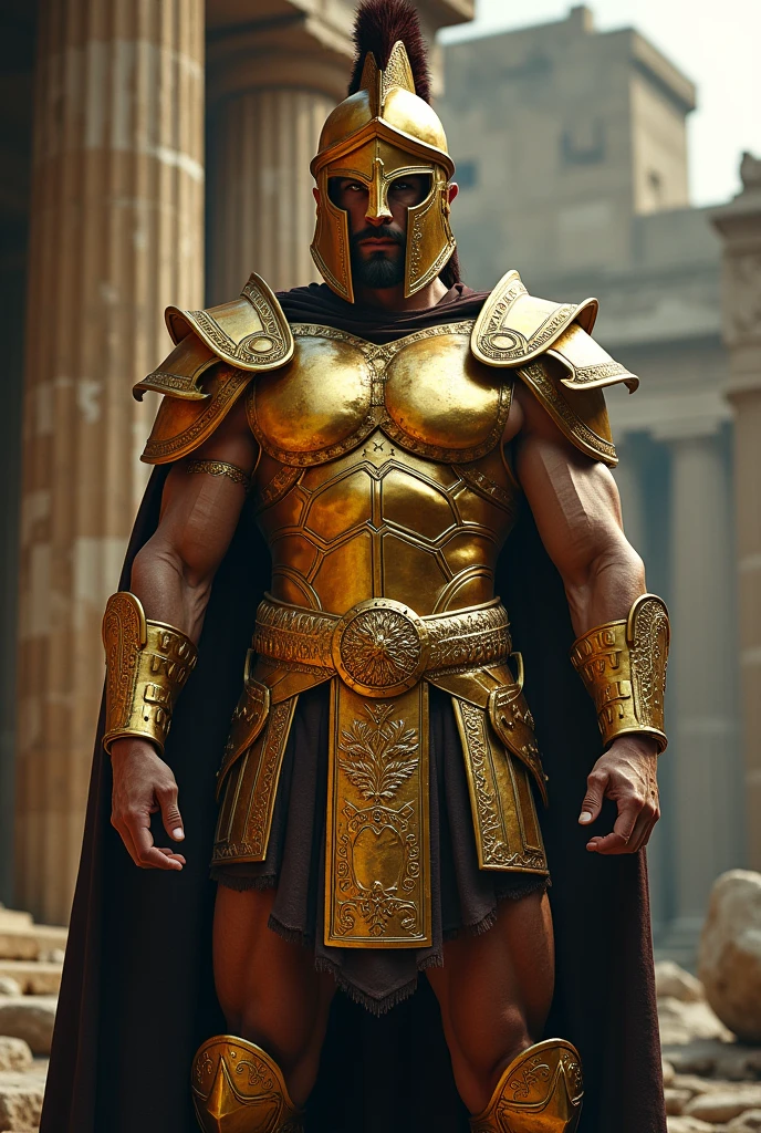 create me a black Spartan from Greek mythology with his sinister golden armor
