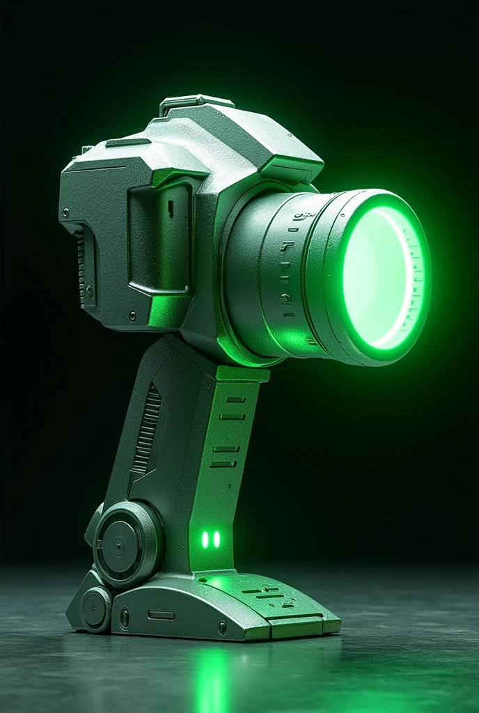 A metallic camera sculpture in neon green light