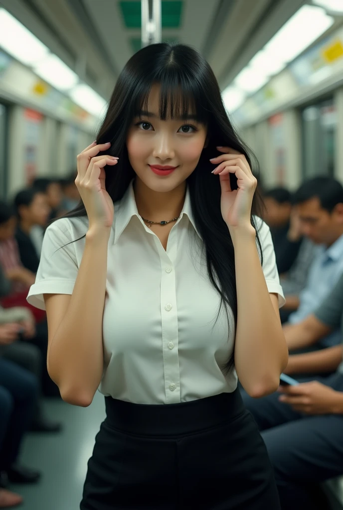 Full-length portrait of a beautiful, fair-skinned Thai woman with long black hair and bangs, large breasts, wearing an office worker uniform, a white short-sleeved shirt with no buttons, and a very short black skirt, standing with her hands combing her hair, looking at the camera and smiling shyly, amidst a crowd of people on the subway.