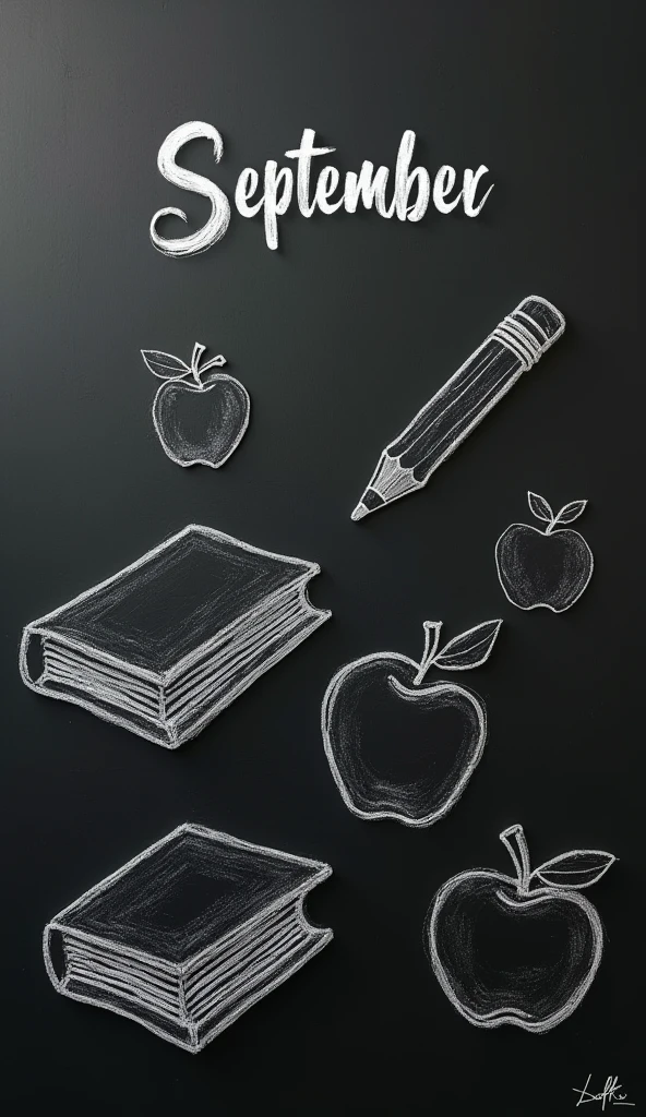 A blackboard background with chalk-drawn minimalist symbols like books, pencils, and an apple, all in subtle white outlines. The text "September" is written in a clean, handwritten style at the top