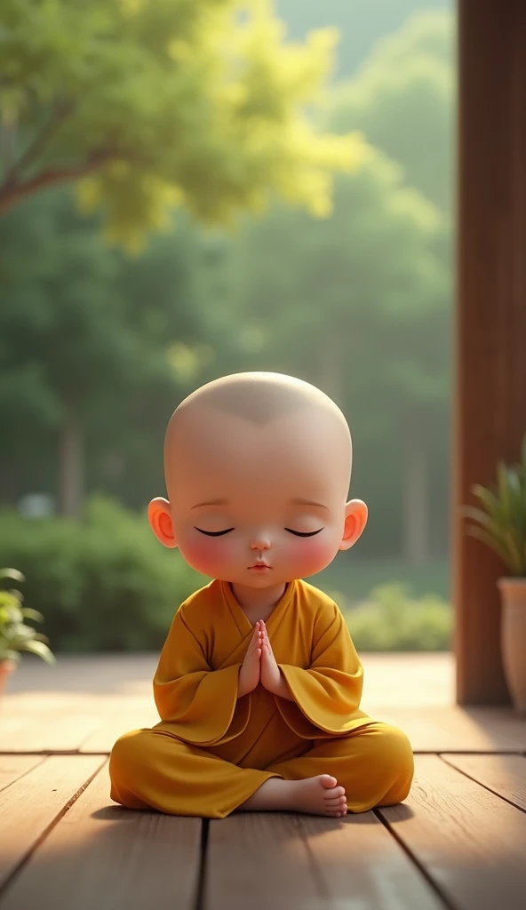 Cute  monk meditate, yellow shirt 