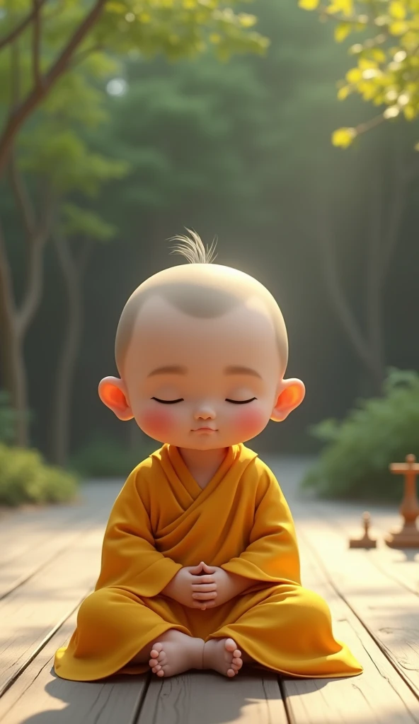 Cute baby monk meditate, yellow shirt