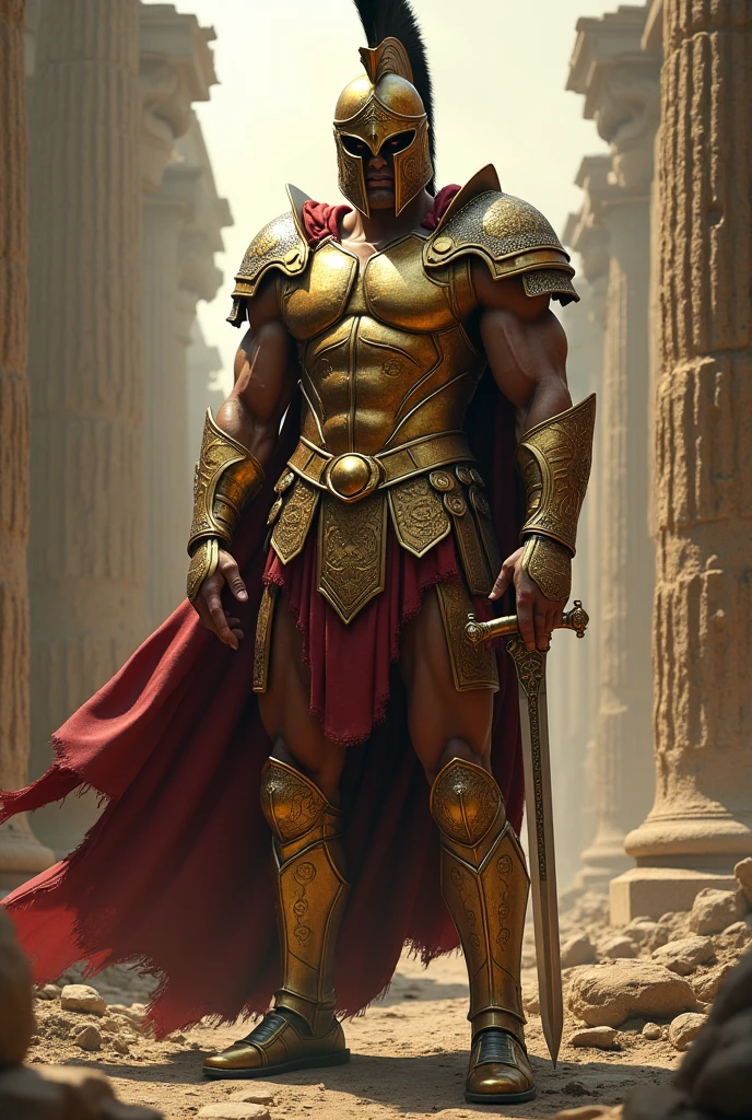 create me a black Spartan from Greek mythology with his sinister golden armor with fury
